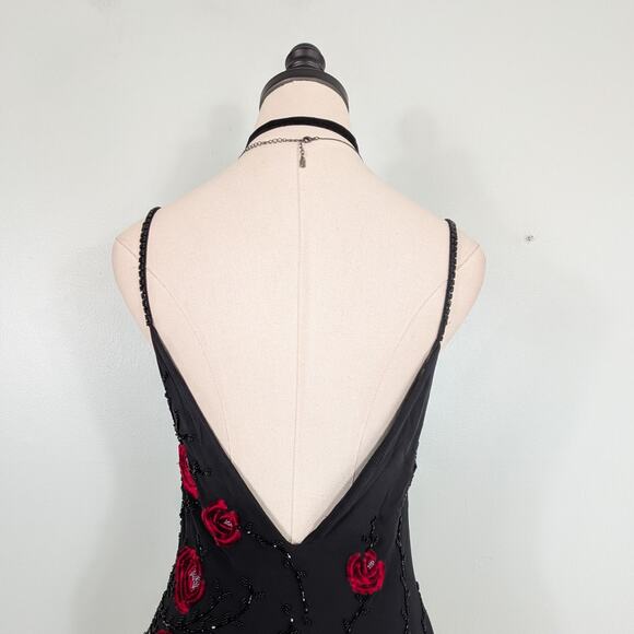 Vintage Sue Wong Maxi Dress Gown 6 Black Red Y2K Fairy Goth Silk Floral Velvet - Picture 6 of 16